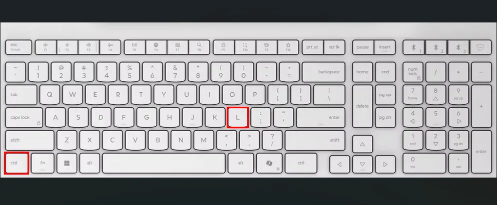 Bàn phím với các phím Ctrl và L được đánh dấu đỏ, minh họa phím tắt xóa sạch màn hình Terminal Ubuntu.
