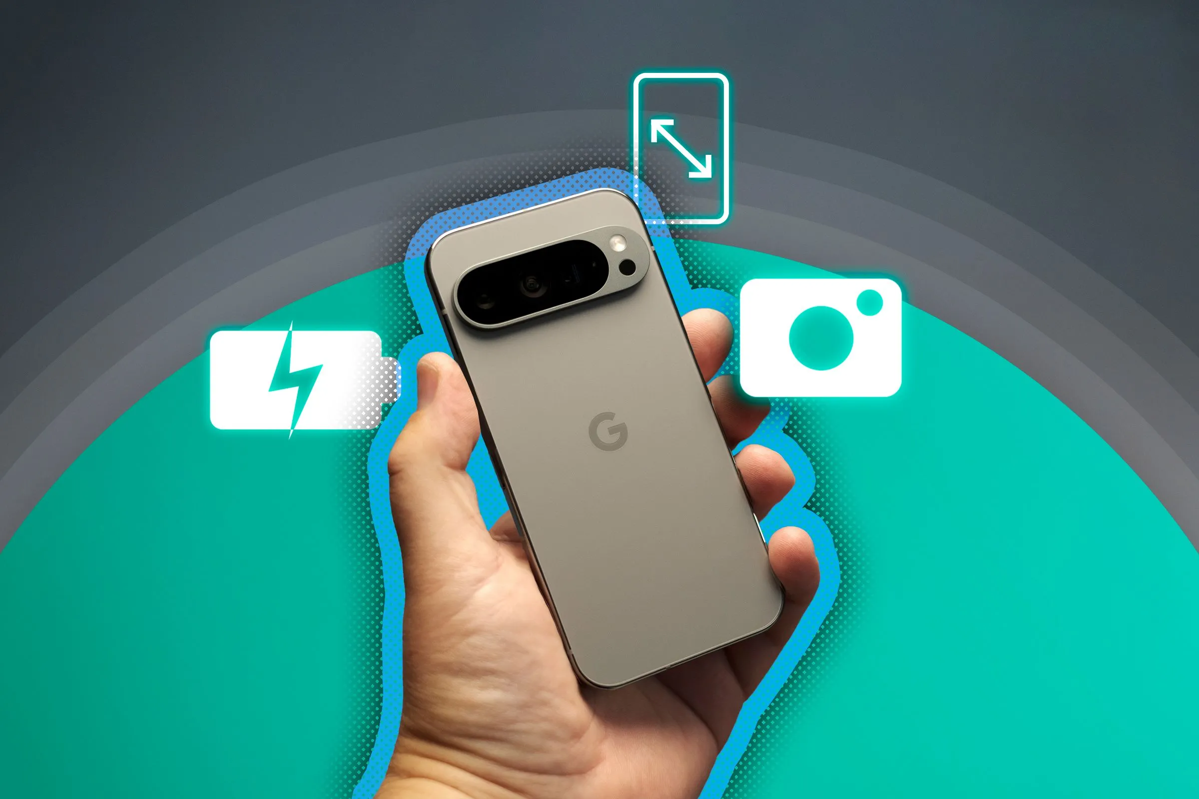Bàn tay cầm Google Pixel 9 Pro làm nổi bật các tính năng về pin, camera và màn hình