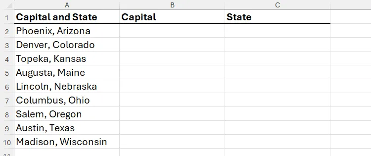 Bảng Excel với dữ liệu thủ đô và bang cần tách thành các cột riêng biệt bằng hàm TEXTSPLIT