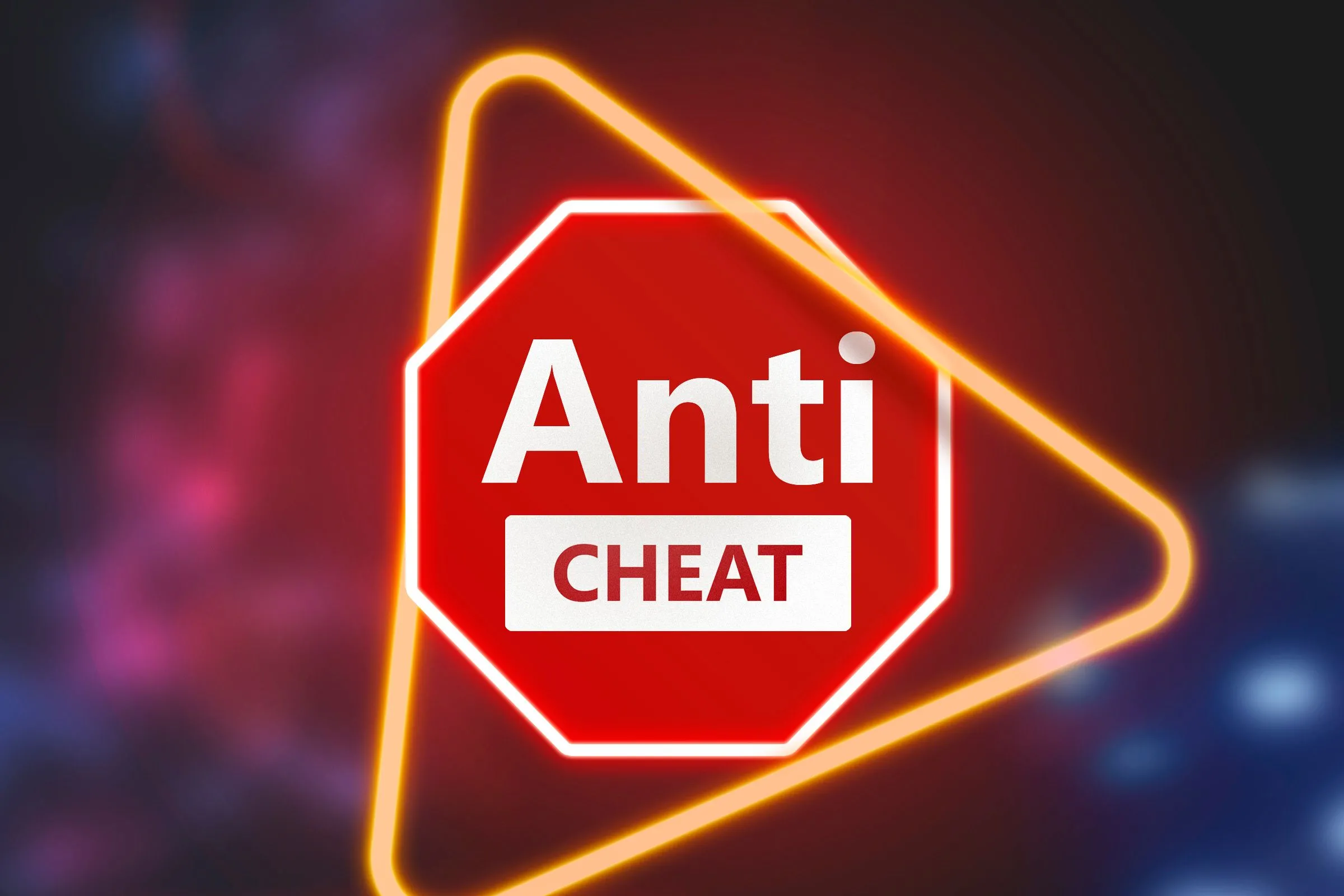 Bảng hiệu neon nổi bật với dòng chữ Anti-Cheat, biểu thị sự hiện diện và tác động của công nghệ chống gian lận trong game.