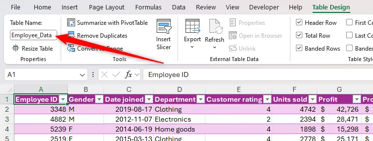 Bảng trong Excel được đổi tên thành Employee_Data