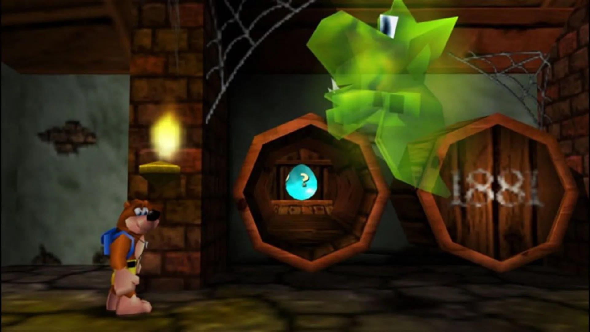 Banjo và Kazooie nhìn vào một hồn ma xanh lá cây trong game