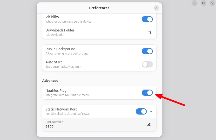 Bật tính năng tích hợp Nautilus từ menu Tùy chọn của ứng dụng Packet trên Linux