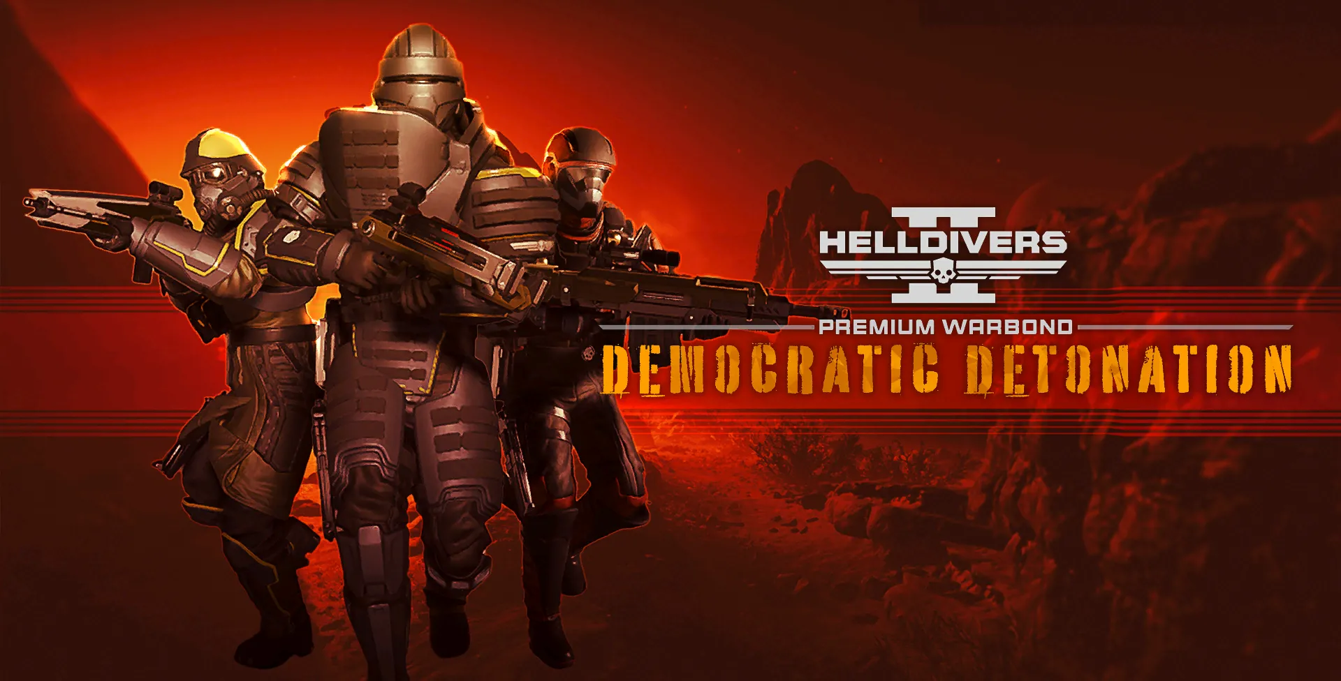 Bìa minh họa Warbond Democratic Detonation từ game Helldivers 2, với chủ đề vũ khí nổ mạnh mẽ.