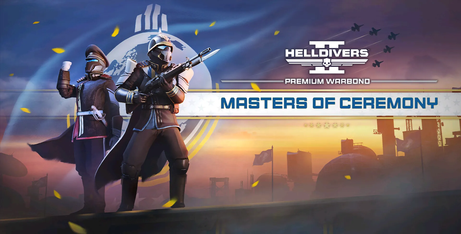 Bìa minh họa Warbond Masters of Ceremony từ Helldivers 2, tôn vinh các chỉ huy chiến trường và trang bị nghi thức.