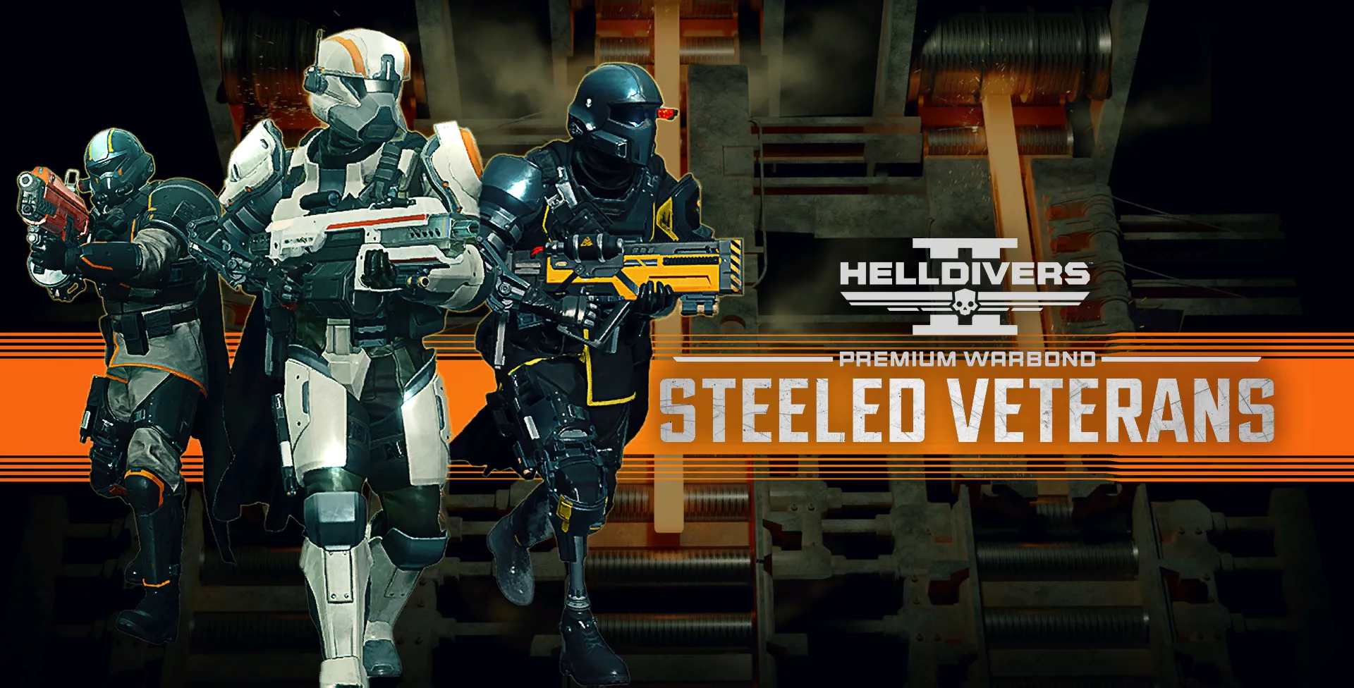 Bìa minh họa Warbond Steeled Veterans từ Helldivers 2, thể hiện tinh thần cựu binh với vũ khí bền bỉ.