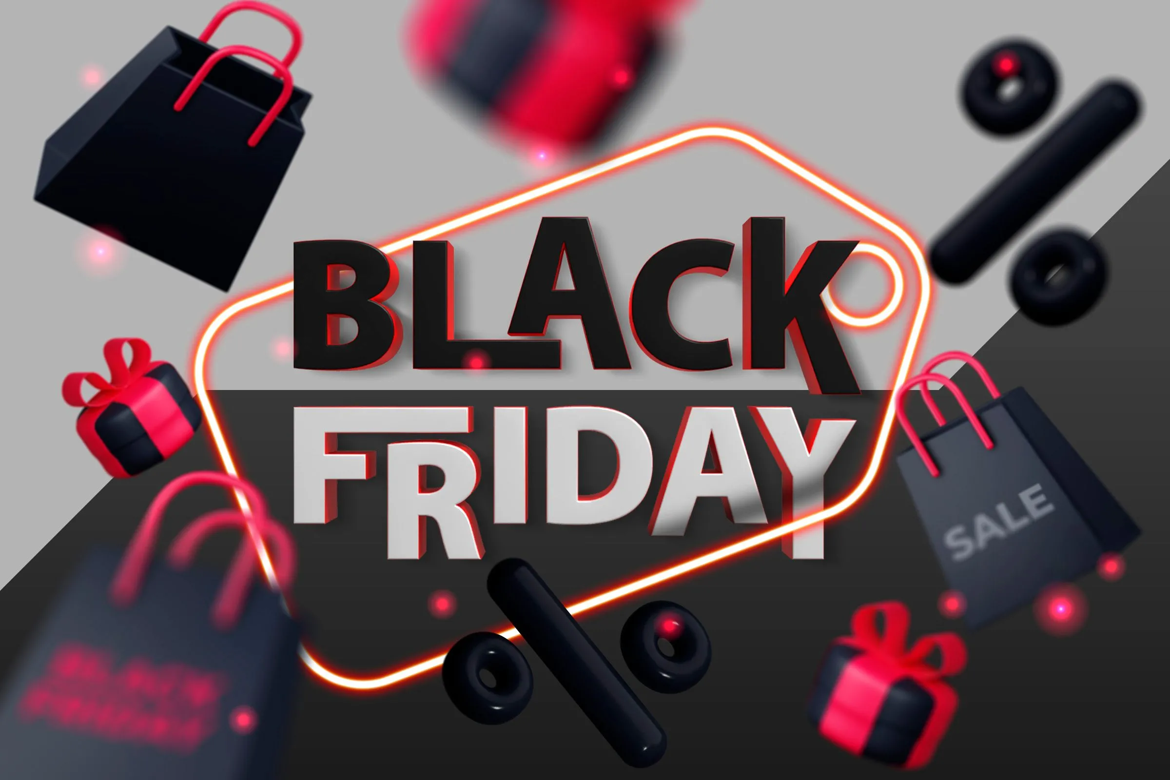 Biểu ngữ Black Friday nổi bật với hộp quà và túi mua sắm, tượng trưng cho các đợt giảm giá lớn.