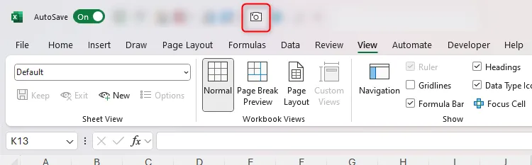 Biểu tượng Camera đã được thêm vào Thanh Truy cập Nhanh (QAT) của Excel, sẵn sàng để sử dụng.