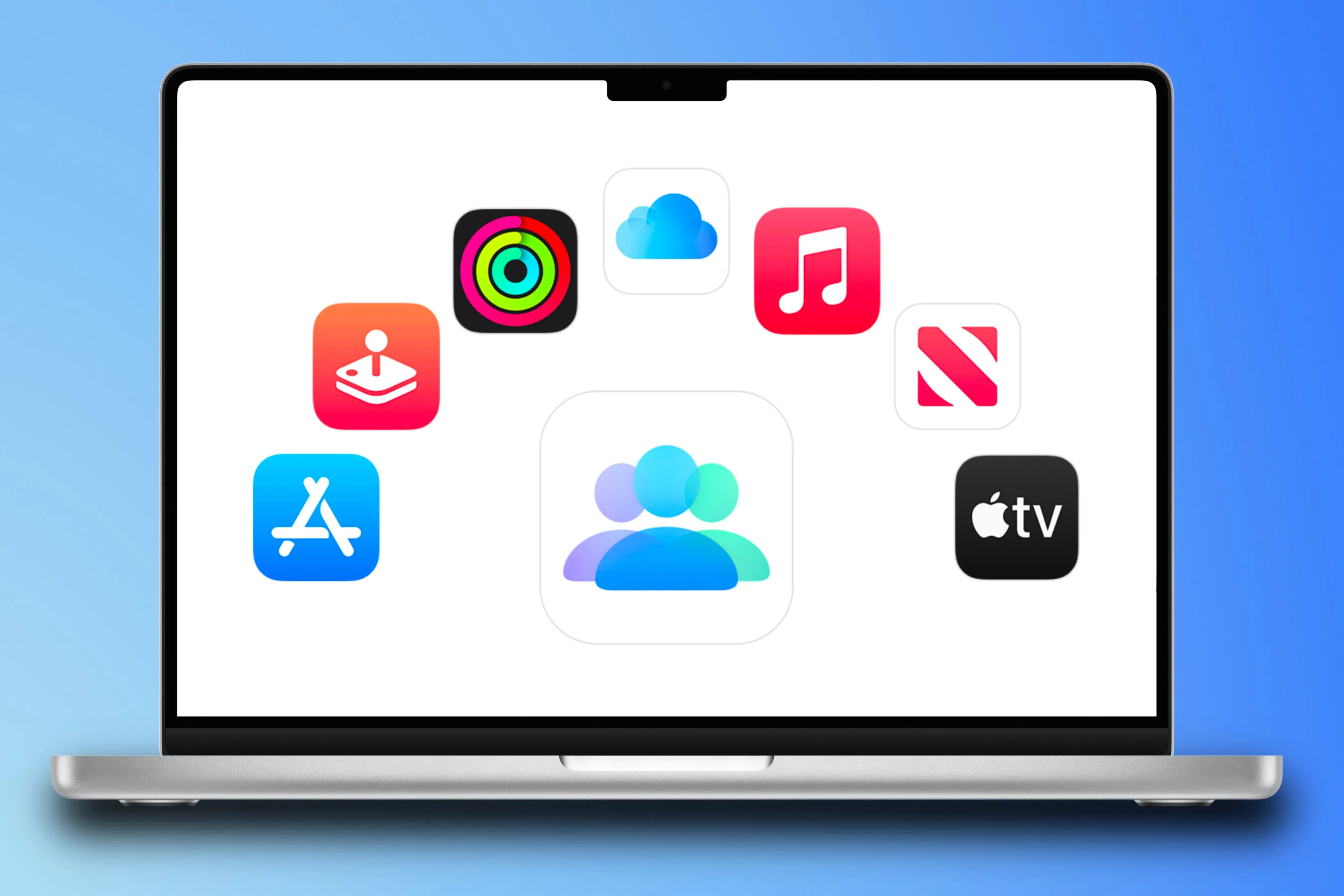 Biểu tượng chia sẻ gia đình Apple Family Sharing và các dịch vụ Apple One hiển thị trên MacBook Pro