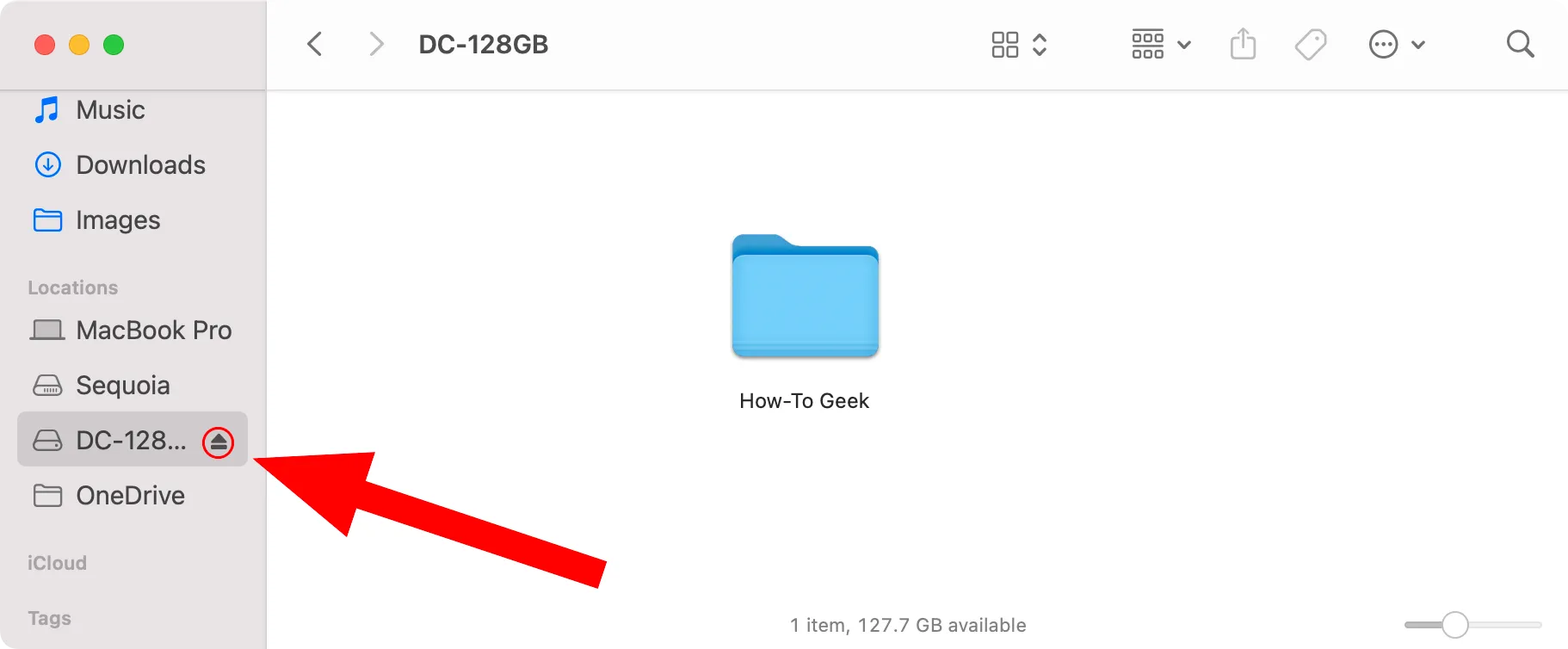 Biểu tượng đẩy ổ đĩa ngoài trong thanh bên Finder trên macOS.