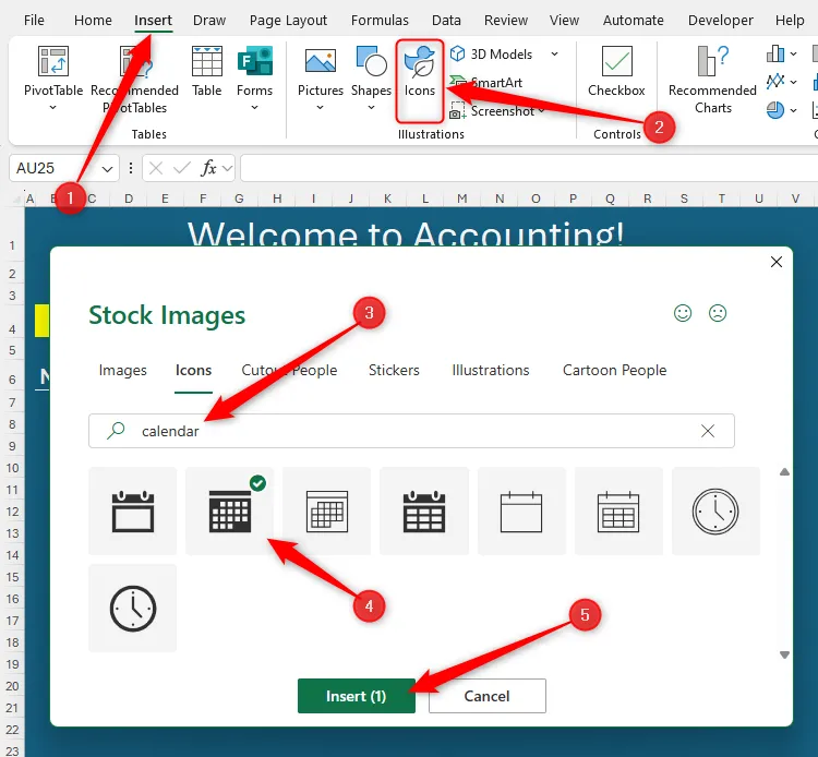 Biểu tượng lịch được chọn từ hộp thoại &quot;Stock Images&quot; trong Microsoft Excel để minh họa hạn chót.