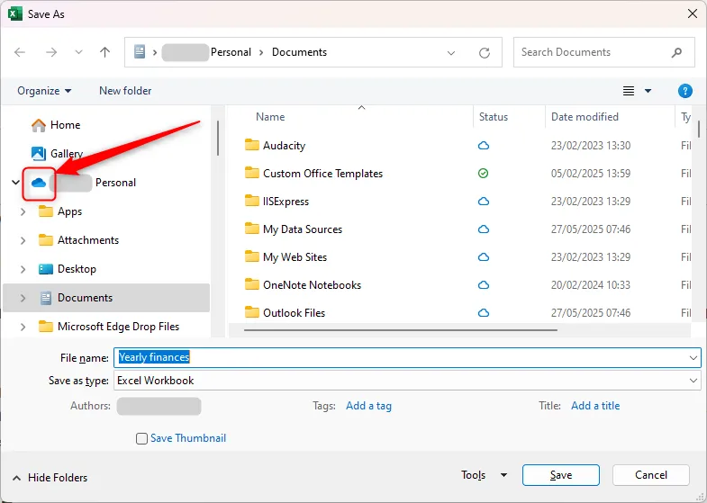 Biểu tượng OneDrive được đánh dấu trong hộp thoại Lưu Dưới Dạng của Excel