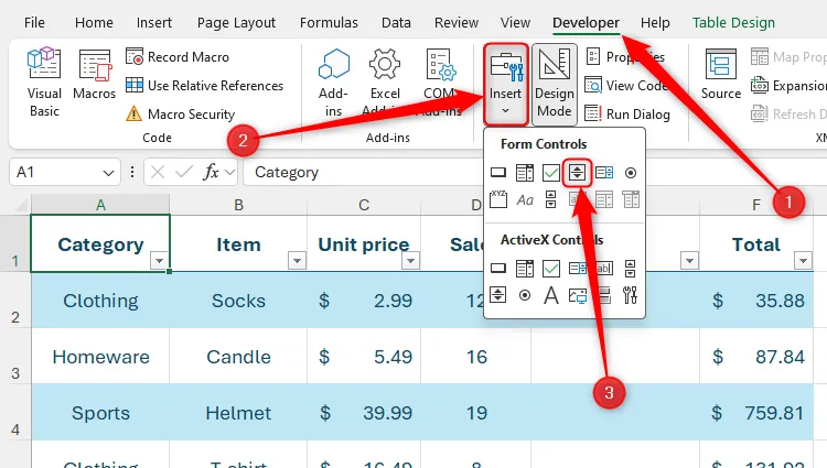 Biểu tượng Spin Button trong menu thả xuống Insert của tab Developer trong Excel