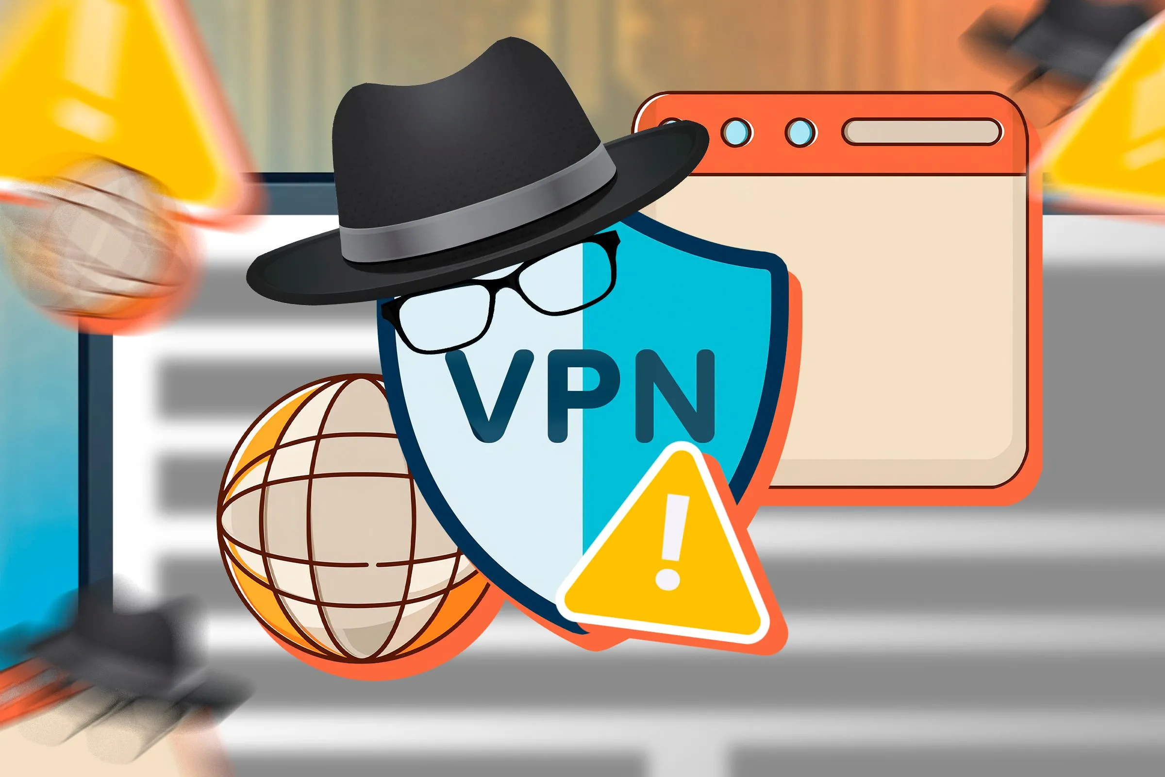 Biểu tượng VPN, trình duyệt và dấu hiệu cảnh báo, thể hiện các mối đe dọa bảo mật trực tuyến