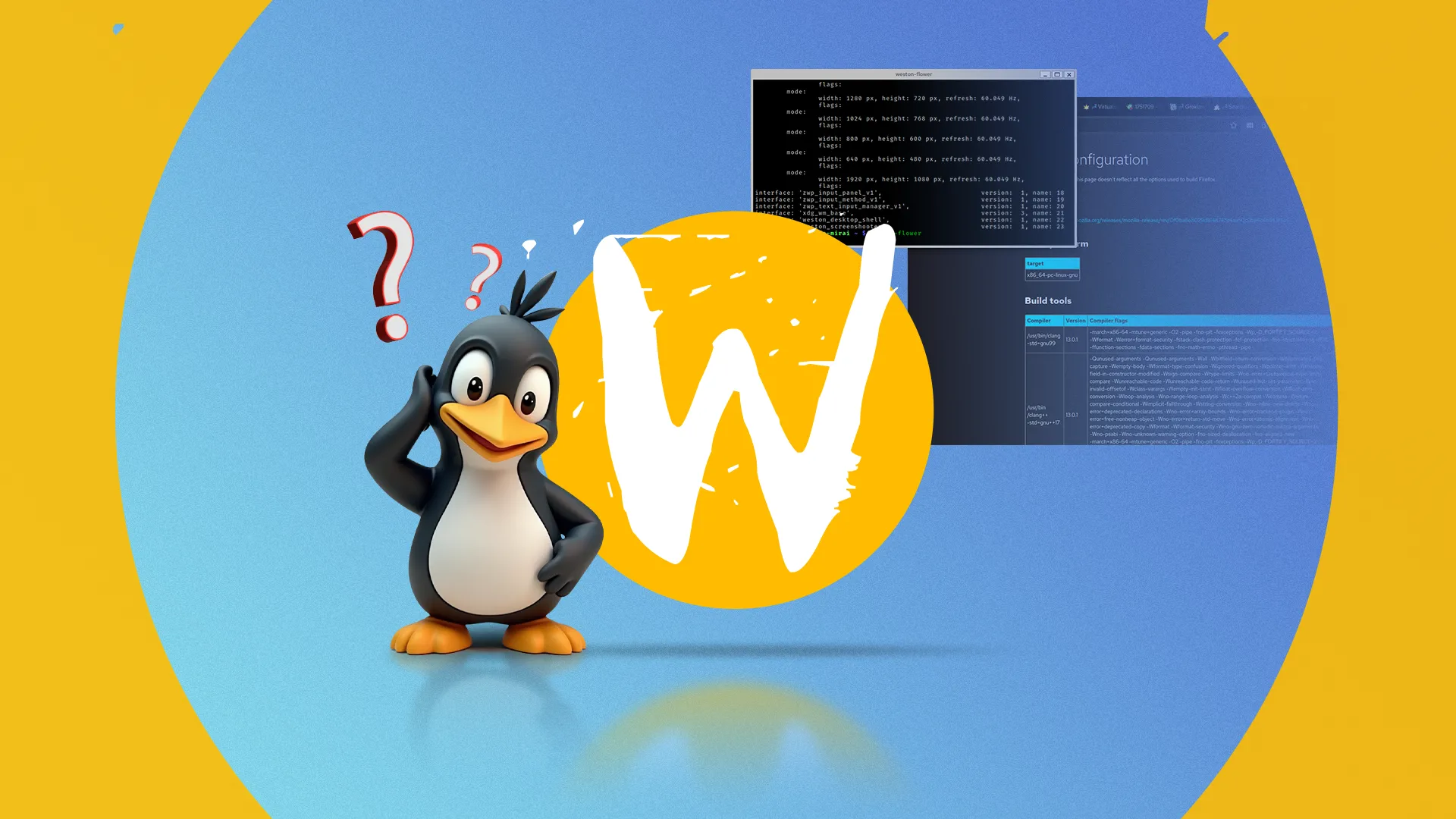 Biểu tượng Wayland cùng linh vật Linux, đại diện cho giao thức hiển thị hiện đại được Bazzite sử dụng