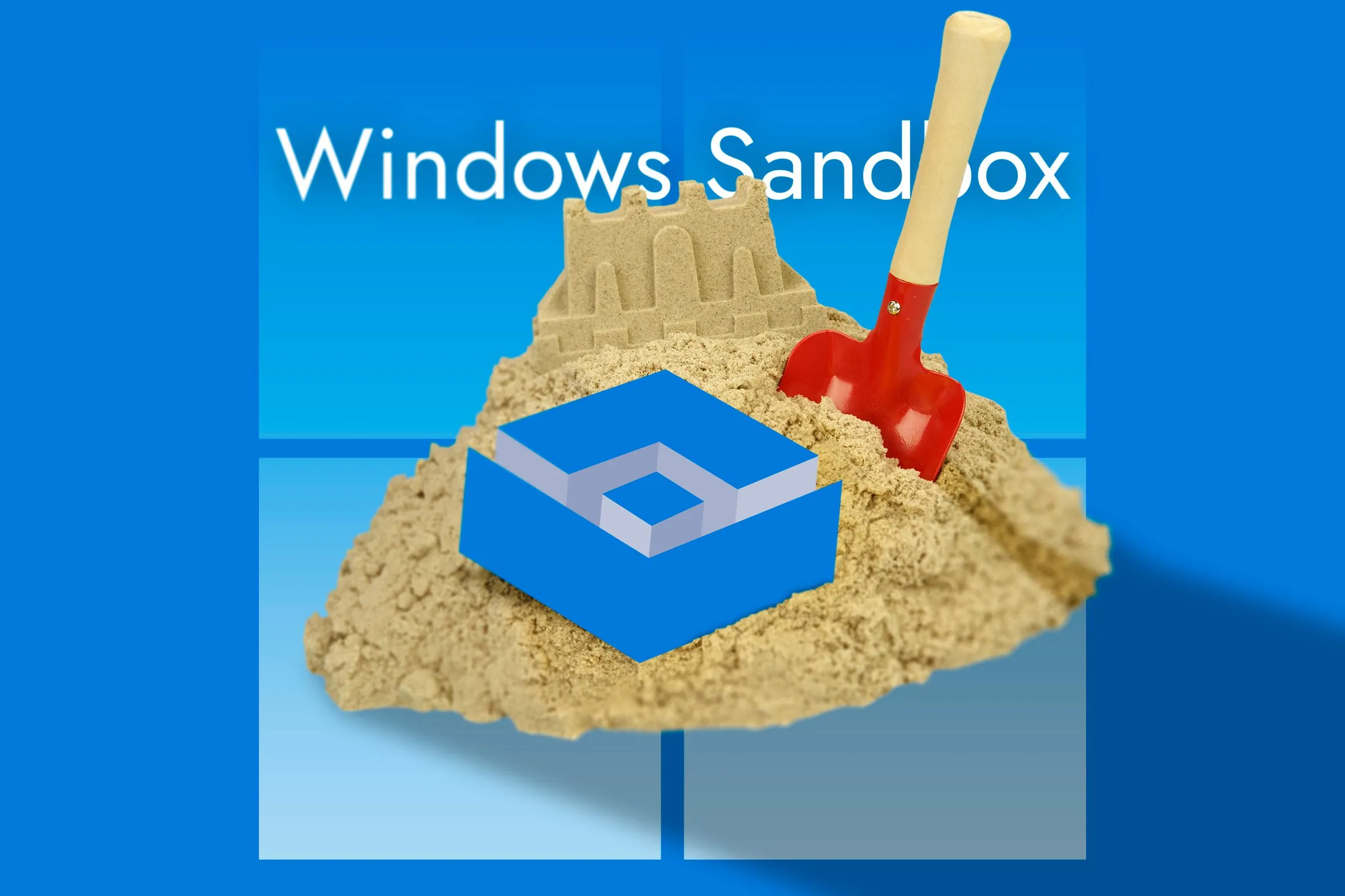 Biểu tượng Windows Sandbox trên nền cát, thể hiện môi trường ảo hóa an toàn để thử nghiệm ứng dụng