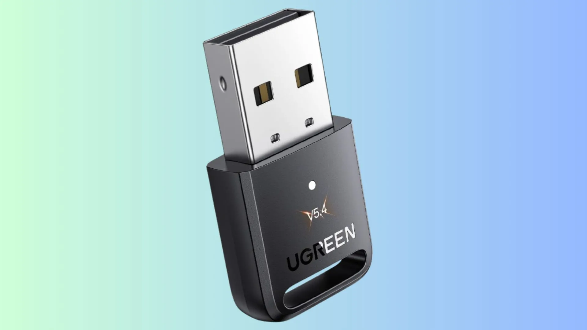 Bộ chuyển đổi Bluetooth UGREEN 5.4 nhỏ gọn trên nền gradient, biểu tượng cho kết nối không dây hiện đại.