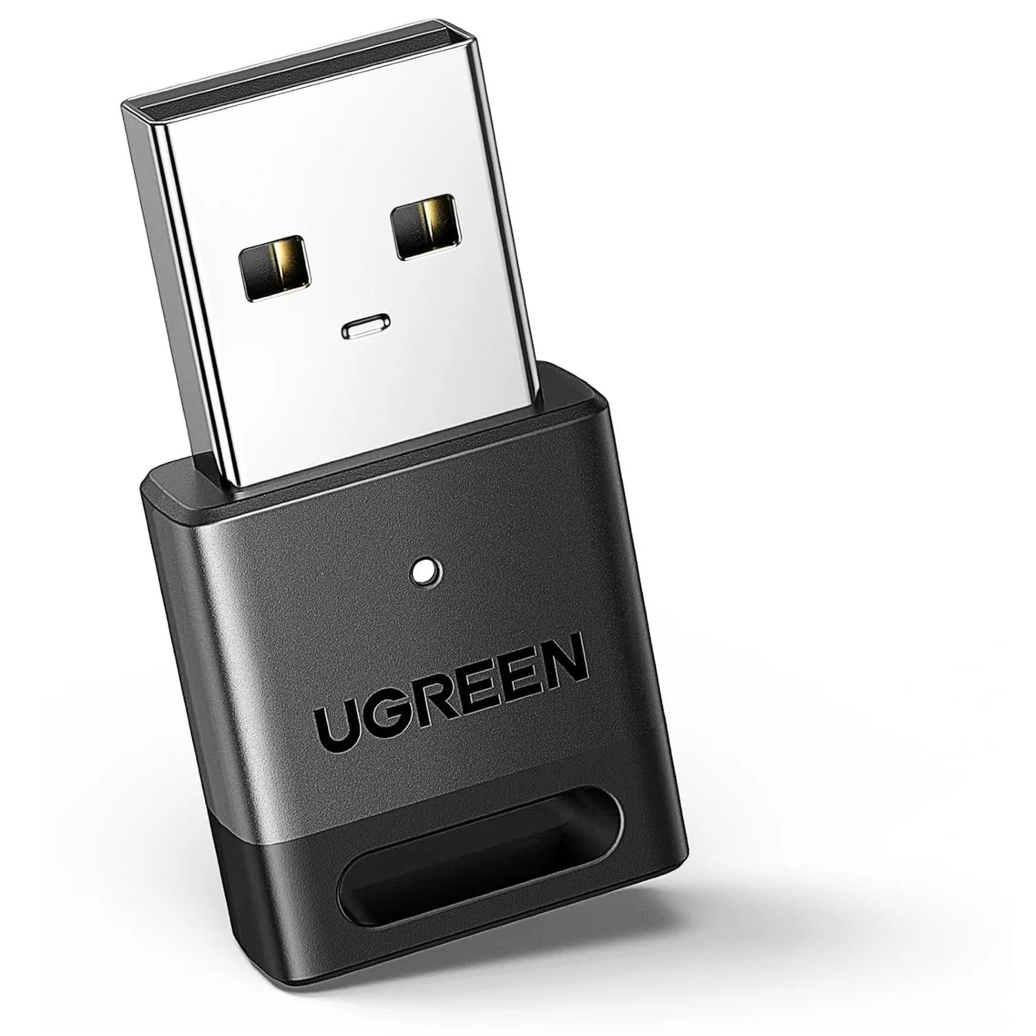 Bộ chuyển đổi Bluetooth UGREEN USB 5.3 trên nền trắng, với kích thước nhỏ gọn cho phép kết nối không dây nhiều thiết bị.