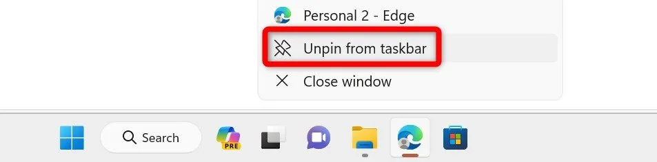 Bỏ ghim Microsoft Edge khỏi taskbar trên Windows 11.