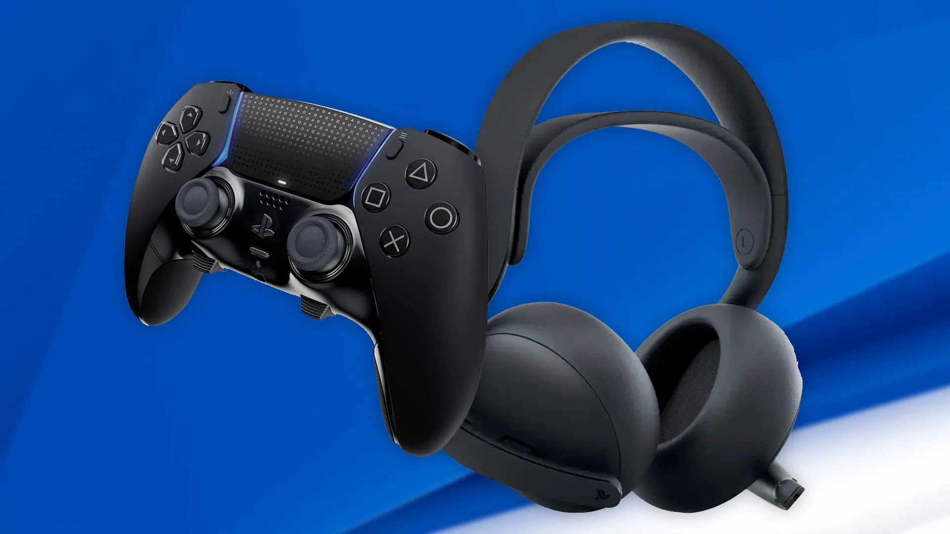 Bộ phụ kiện PlayStation 5 phiên bản màu đen tuyền bao gồm tai nghe Pulse, bộ sạc và tay cầm DualSense.