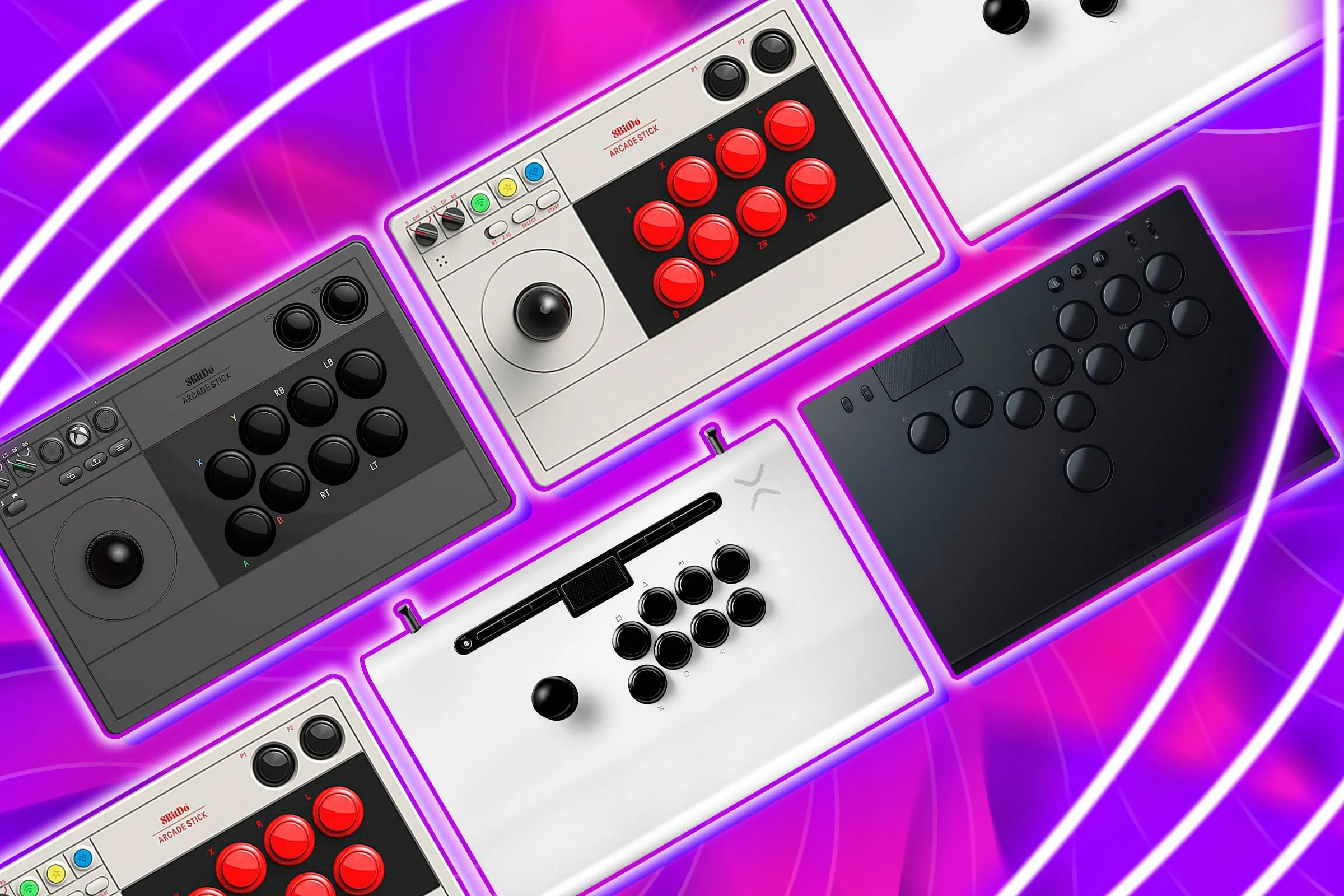 Bộ sưu tập cần gạt arcade (arcade fighting sticks) đa dạng, phụ kiện yêu thích của game thủ đối kháng chuyên nghiệp.