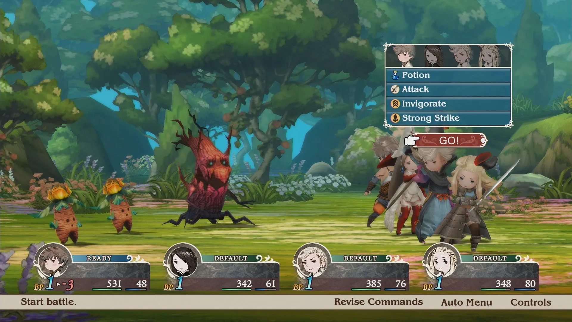 Bốn nhân vật anh hùng trong phong cách nghệ thuật cổ điển của Bravely Default.