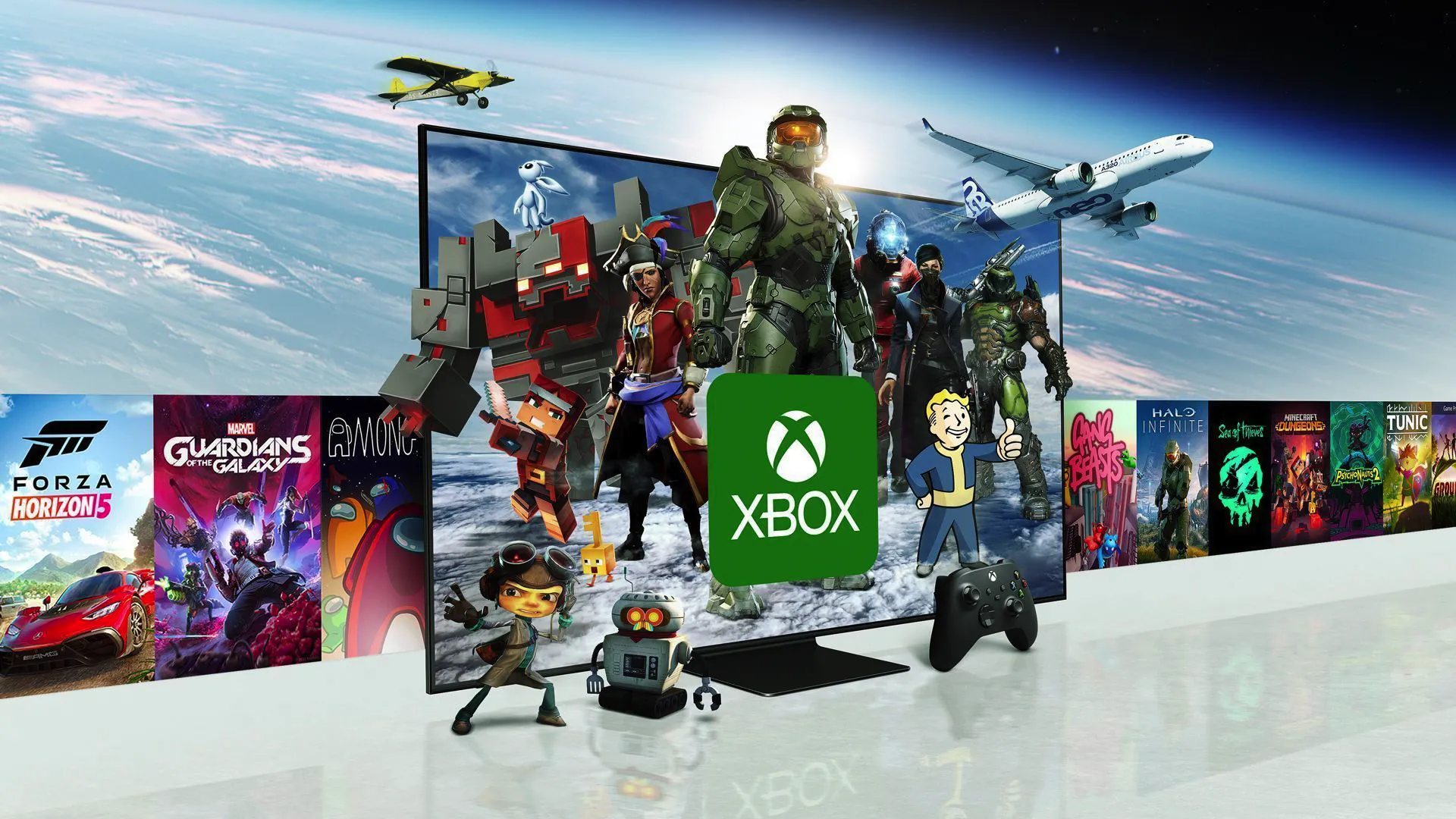 Các biểu tượng IP của Xbox như Master Chief hiển thị trên màn hình TV thông minh Samsung, minh họa chiến lược mở rộng của Microsoft.