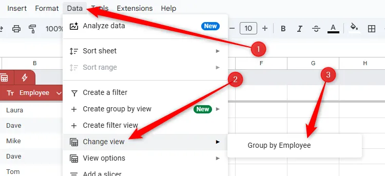 Các chế độ xem đã lưu trong Google Sheets, có thể kích hoạt lại từ menu &quot;Thay đổi Chế độ xem&quot;