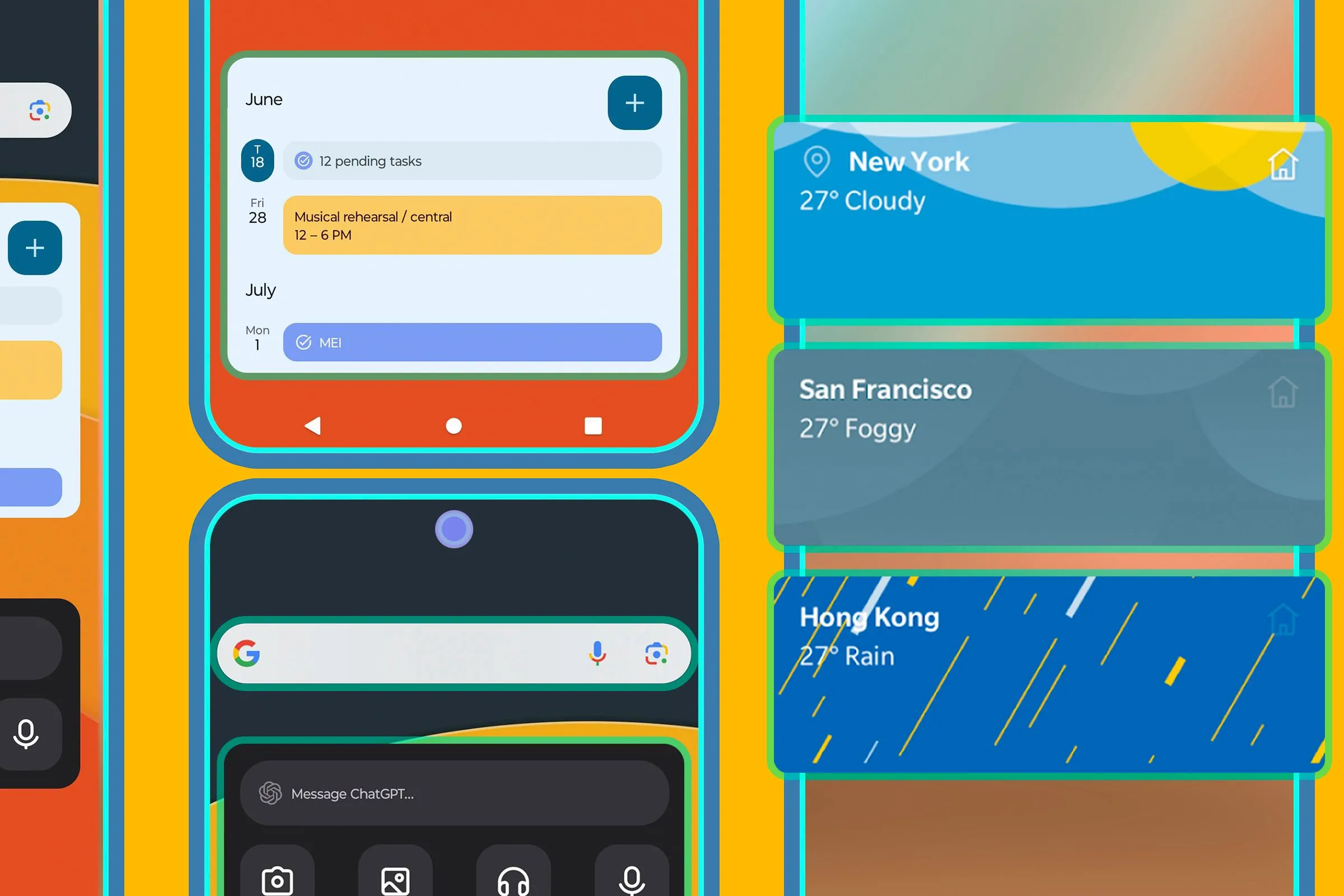 Các màn hình điện thoại Android hiển thị nhiều loại widget khác nhau, từ lịch đến dự báo thời tiết, tiện ích hệ thống