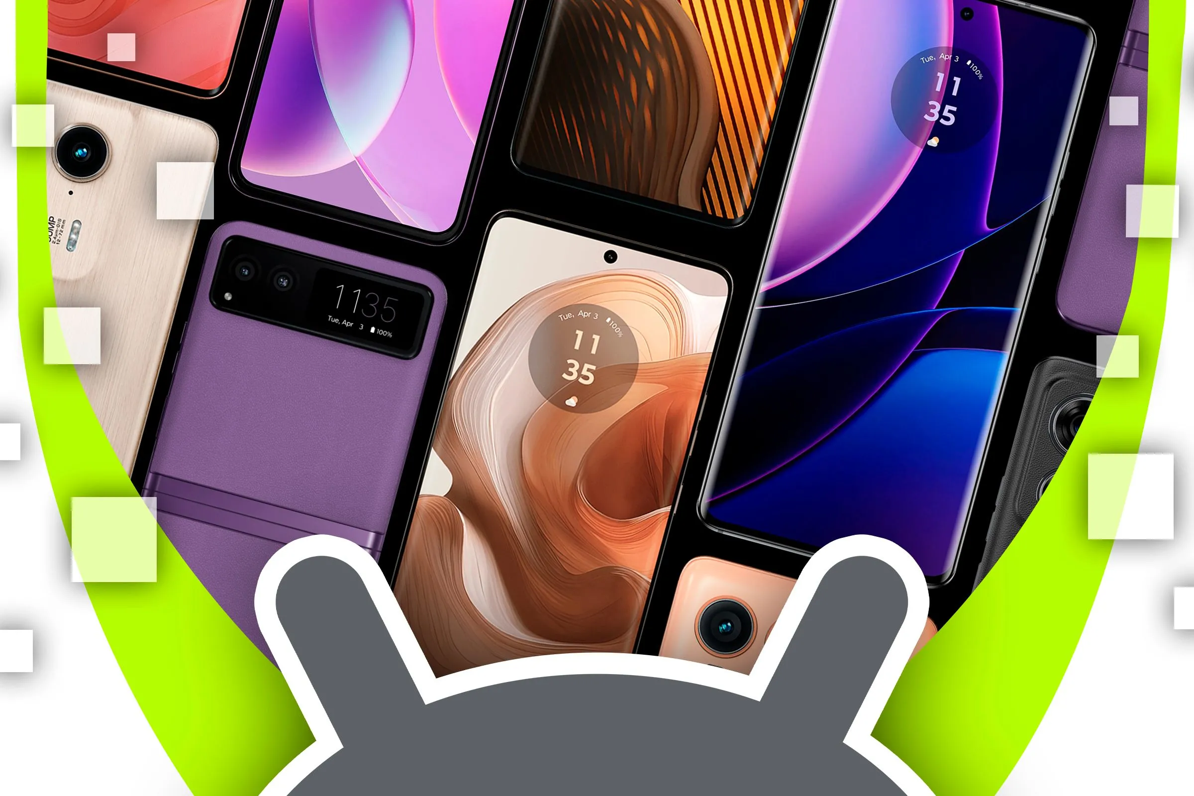 Các mẫu điện thoại Motorola nổi bật cùng logo Android, tượng trưng cho danh sách thiết bị sẽ nhận bản cập nhật Android 16 mới.
