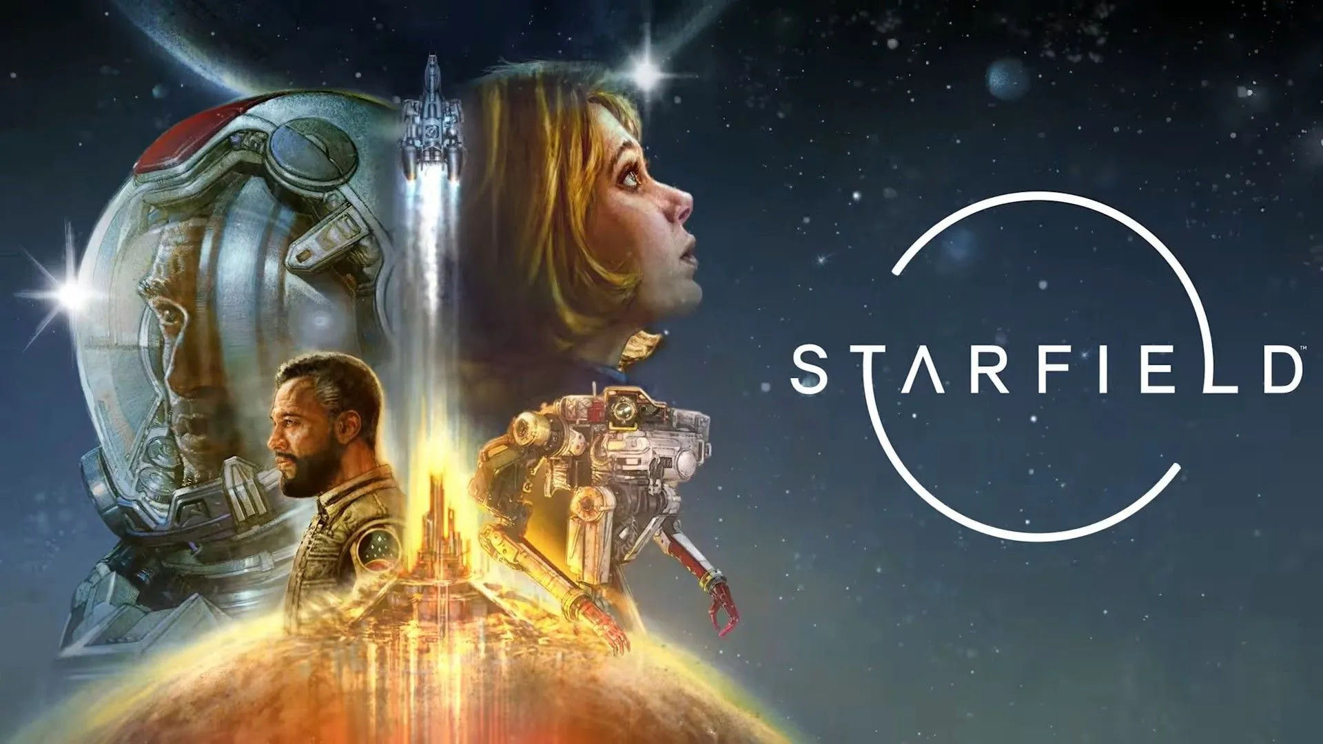 Các nhân vật từ Starfield gần một con tàu vũ trụ đang cất cánh gần một hành tinh
