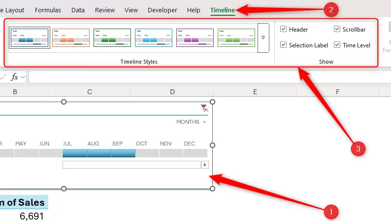 Các nhóm Timeline Styles và Show trong tab Timeline của Excel trên thanh công cụ.