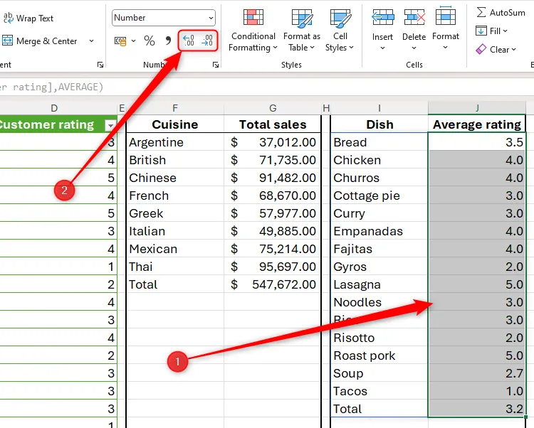 Các nút Tăng và Giảm số thập phân được đánh dấu trong nhóm Number của tab Home trong Excel.