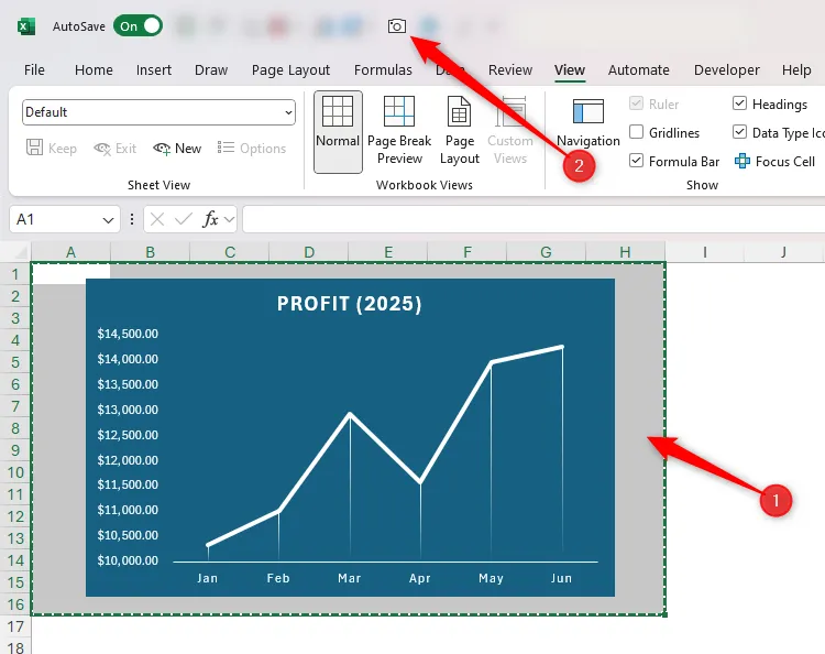 Các ô xung quanh biểu đồ trong Excel được chọn, và công cụ Camera trên QAT được nhấp để chụp ảnh.