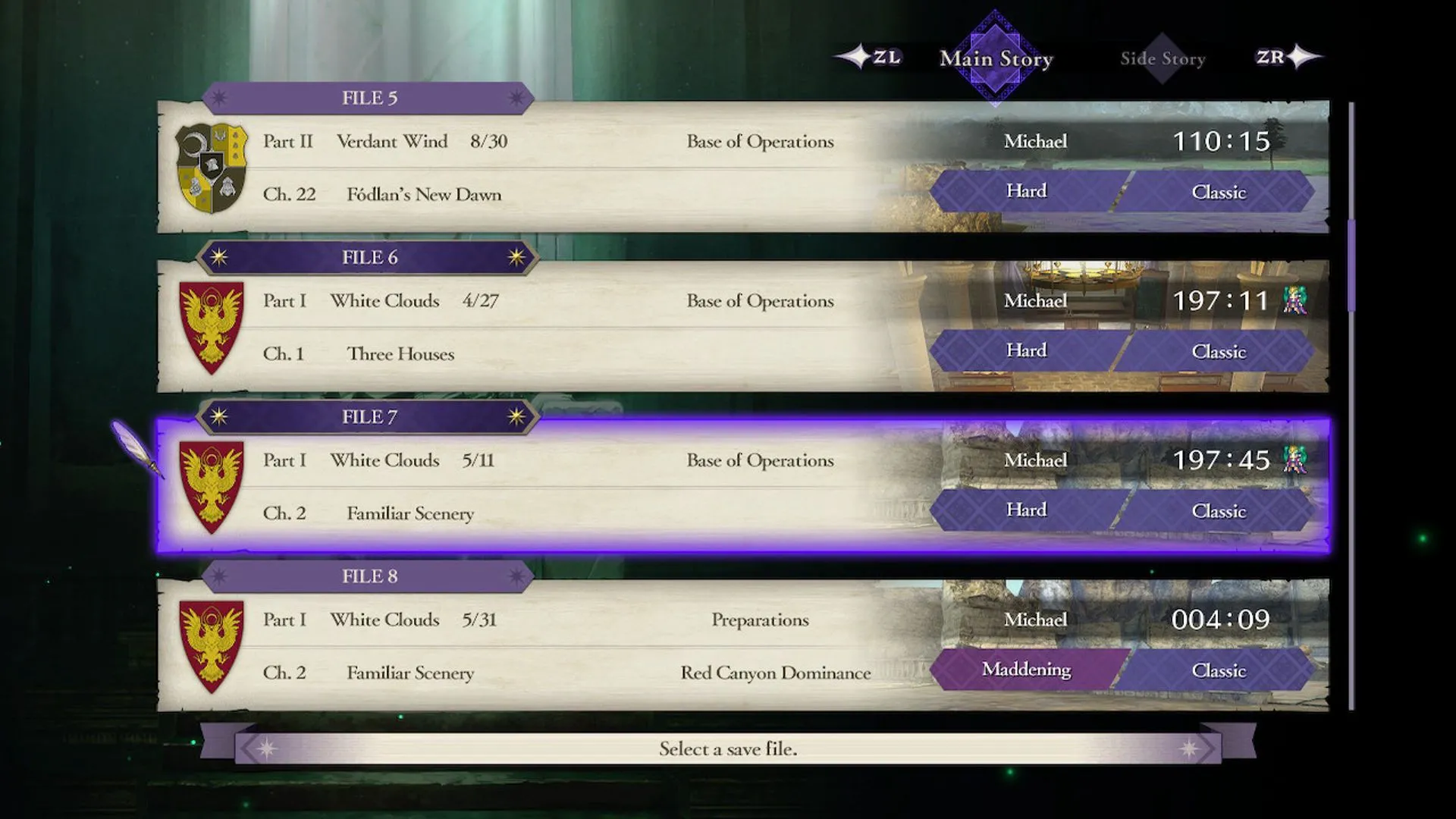 Các tập tin lưu của Fire Emblem: Three Houses với thời gian chơi rất dài.