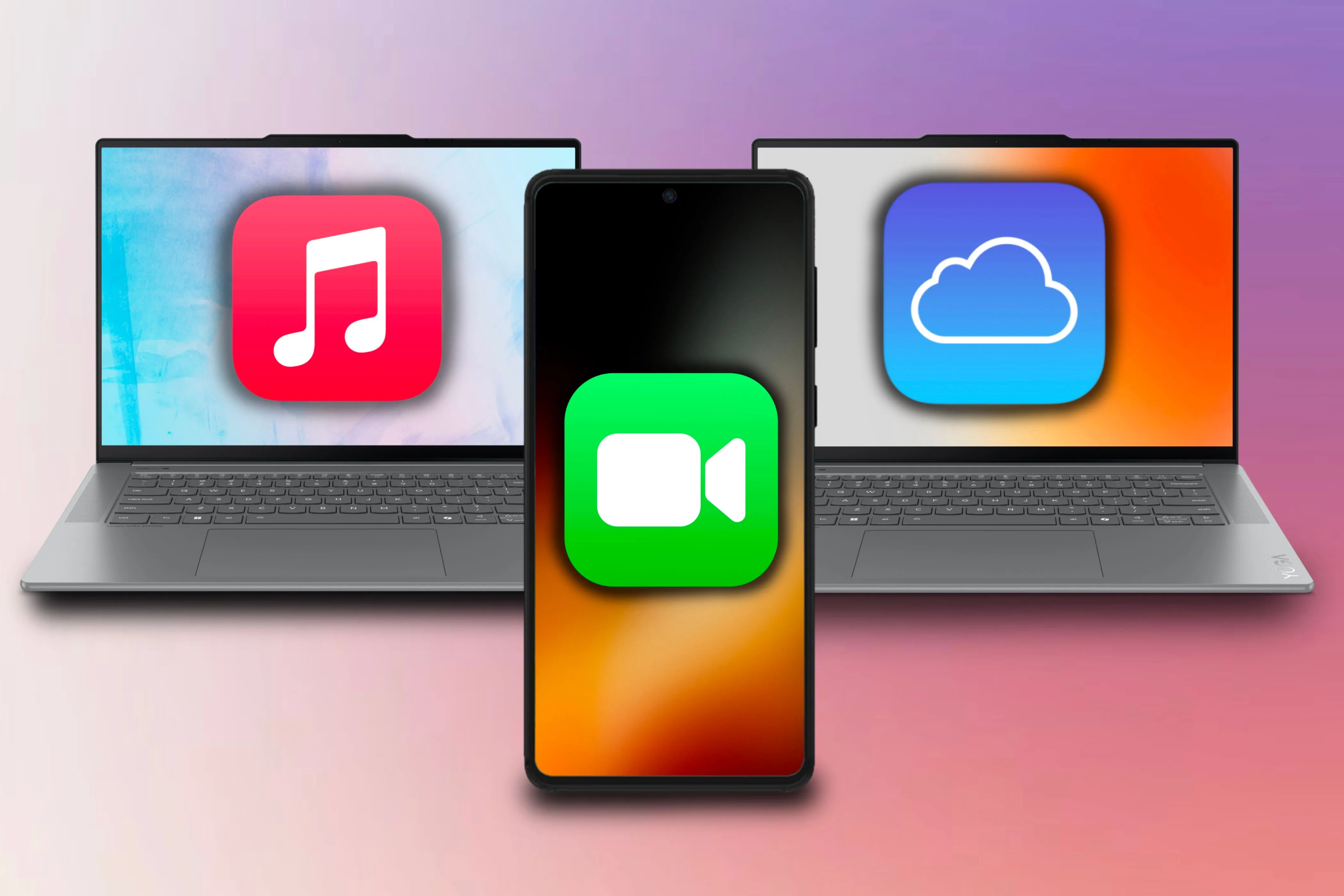 Các thiết bị Android và Windows hiển thị biểu tượng Apple Music, iCloud và FaceTime, minh họa dịch vụ Apple trên các nền tảng khác.