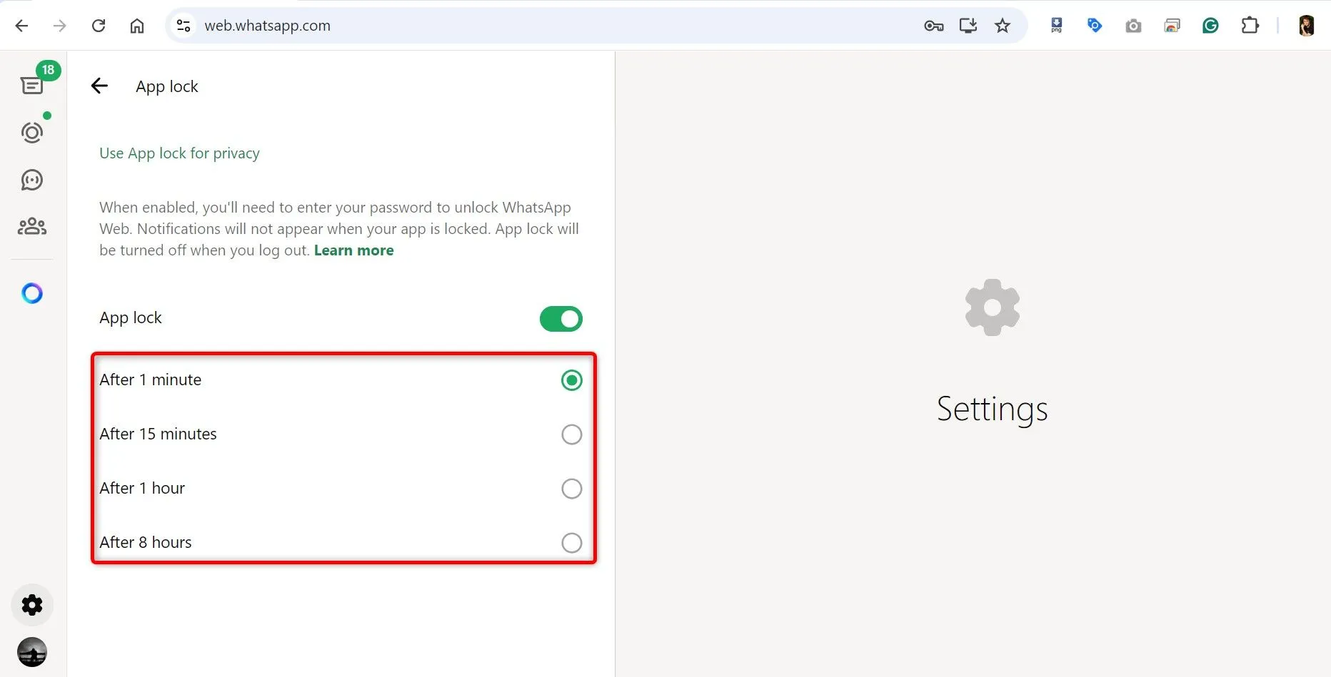 Các tùy chọn cài đặt thời gian tự động khóa WhatsApp Web sau khi không hoạt động