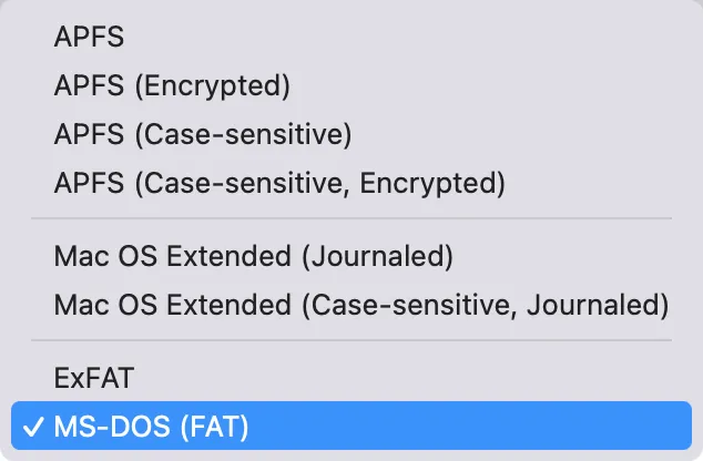 Các tùy chọn định dạng hệ thống tệp trong Disk Utility của macOS, bao gồm MS-DOS (FAT).