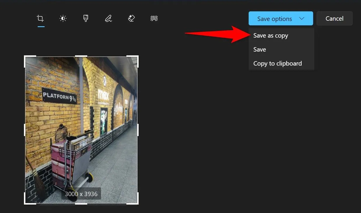 Các tùy chọn lưu ảnh, bao gồm &quot;Save as Copy&quot; trong ứng dụng Photos Windows 11