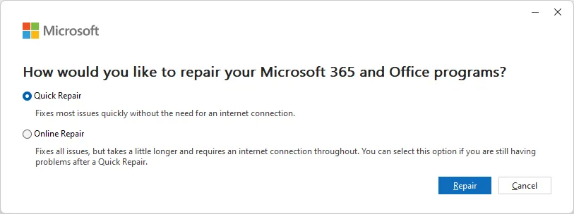 Các tùy chọn sửa chữa Microsoft 365 trên Windows 11