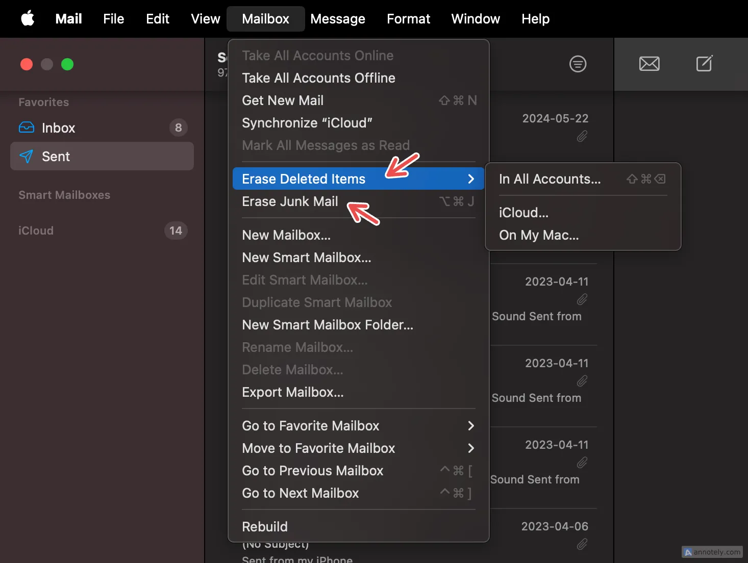 Các tùy chọn xóa thư rác và thư đã xóa trong ứng dụng Mail của Mac