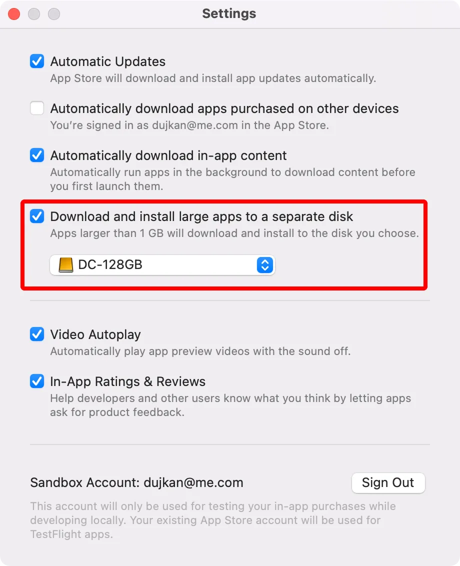 Cài đặt App Store trên macOS cho phép tải ứng dụng lớn sang ổ đĩa ngoài.
