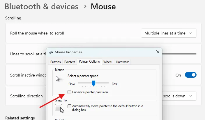 Cài đặt chuột nâng cao trong Windows 11, hiển thị tùy chọn &quot;Tăng cường độ chính xác con trỏ&quot; được đánh dấu.