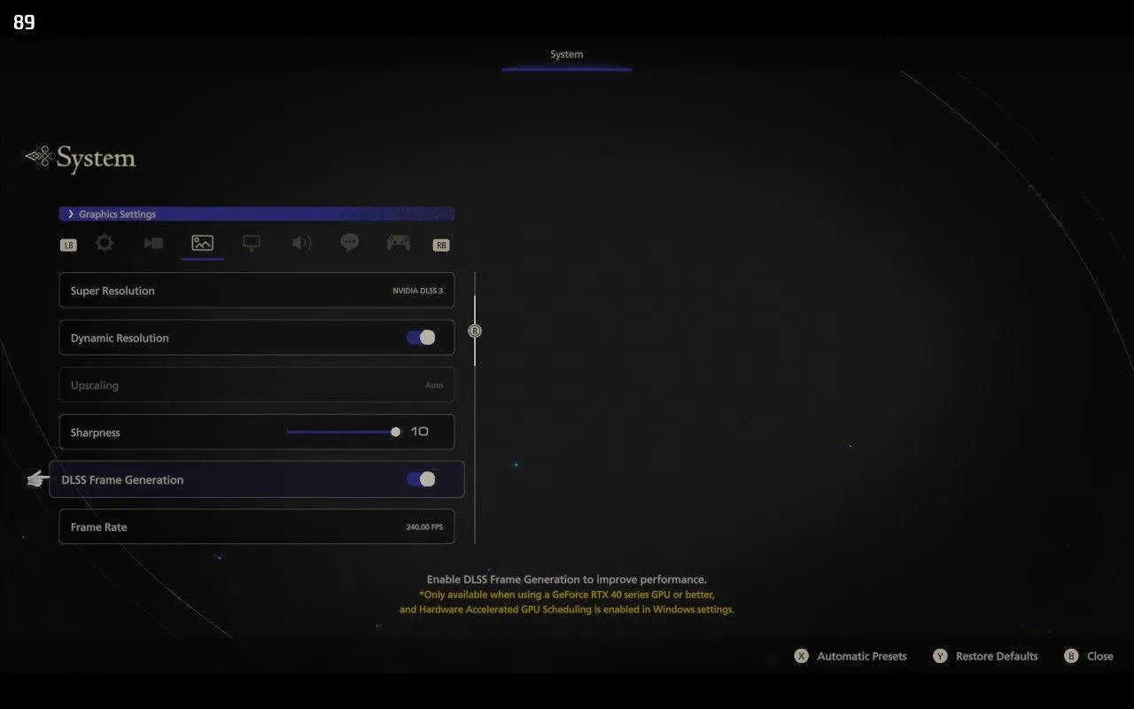 Cài đặt đồ họa của game FFXVI demo, hiển thị tùy chọn DLSS Frame Generation được bật sau khi áp dụng mod Decky-Framegen.