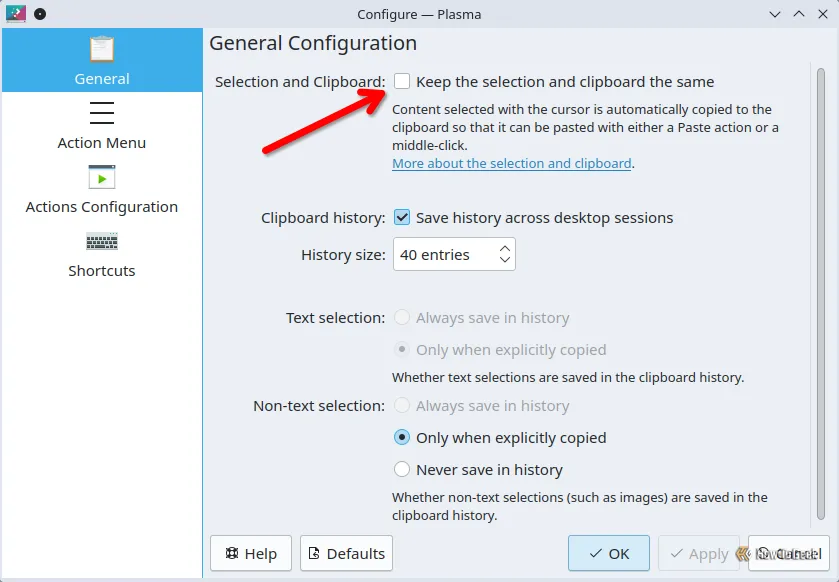 Cài đặt &quot;Select-to-Copy&quot; trong Klipper, cho phép sao chép tự động nội dung được chọn.