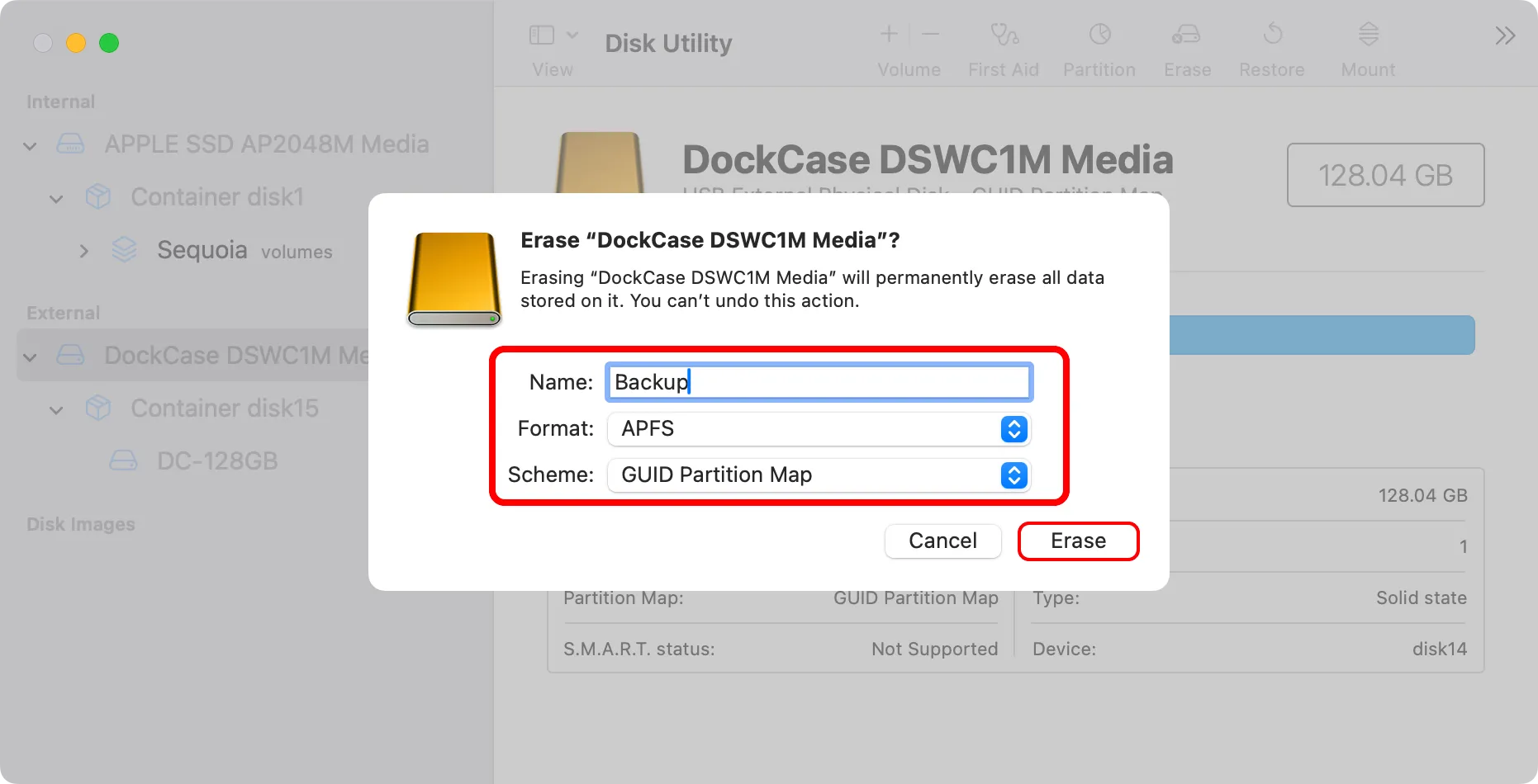 Cài đặt tên, định dạng APFS và lược đồ GUID Partition Map khi xóa ổ đĩa ngoài trong Disk Utility.