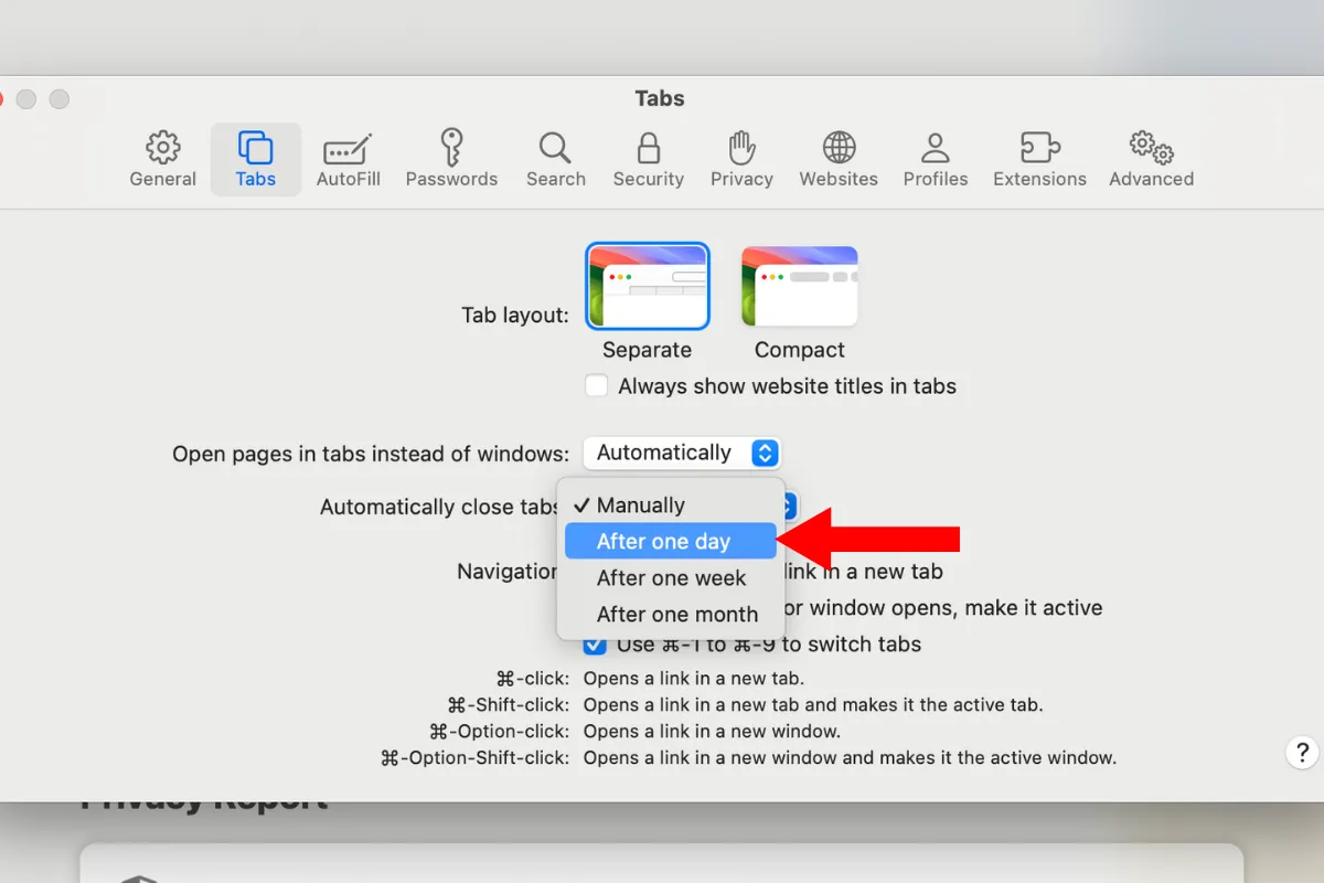 Cài đặt tự động đóng tab trong Safari trên Mac.