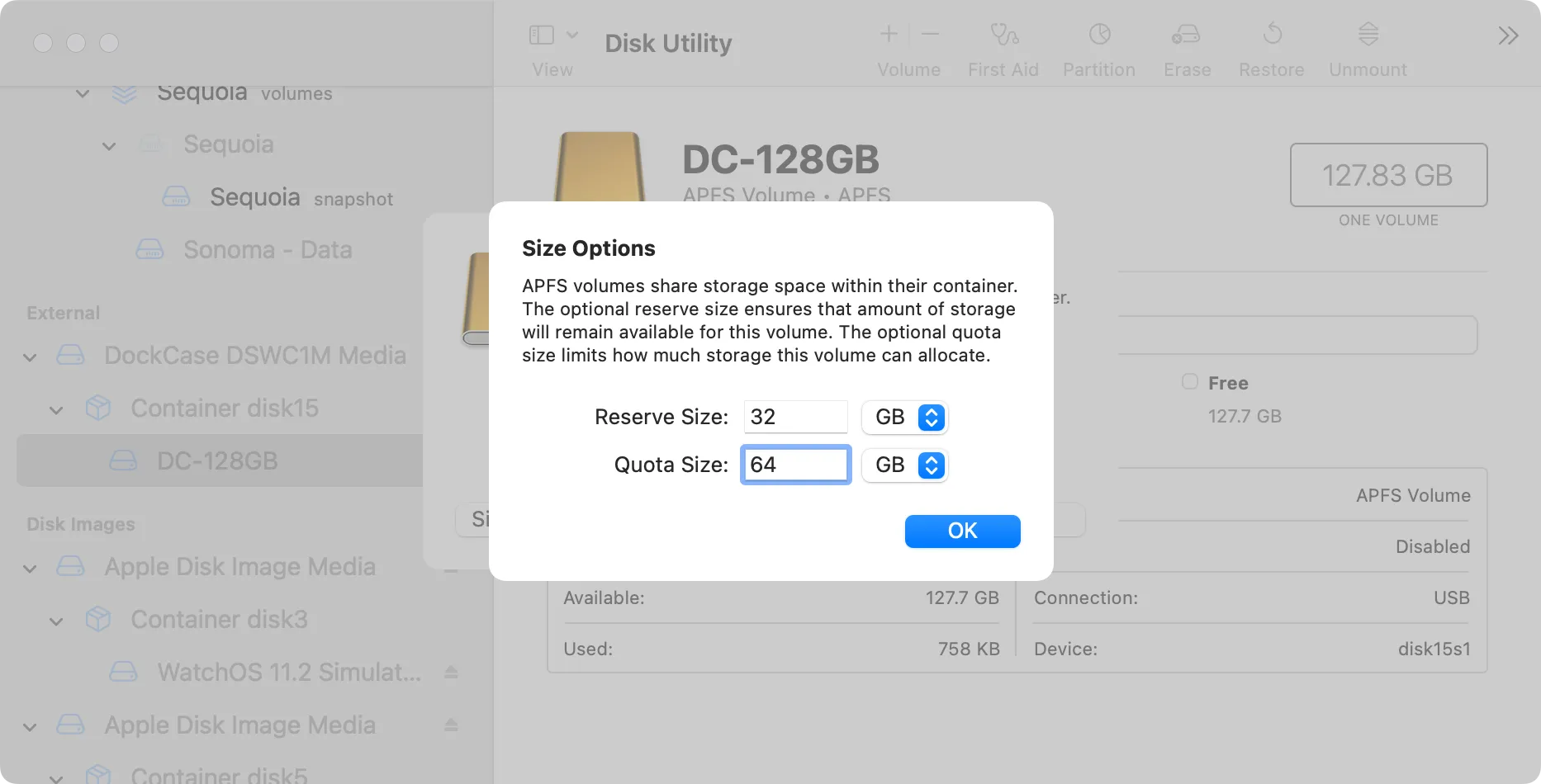 Cài đặt tùy chọn kích thước cho volume Time Machine mới trong Disk Utility của macOS.