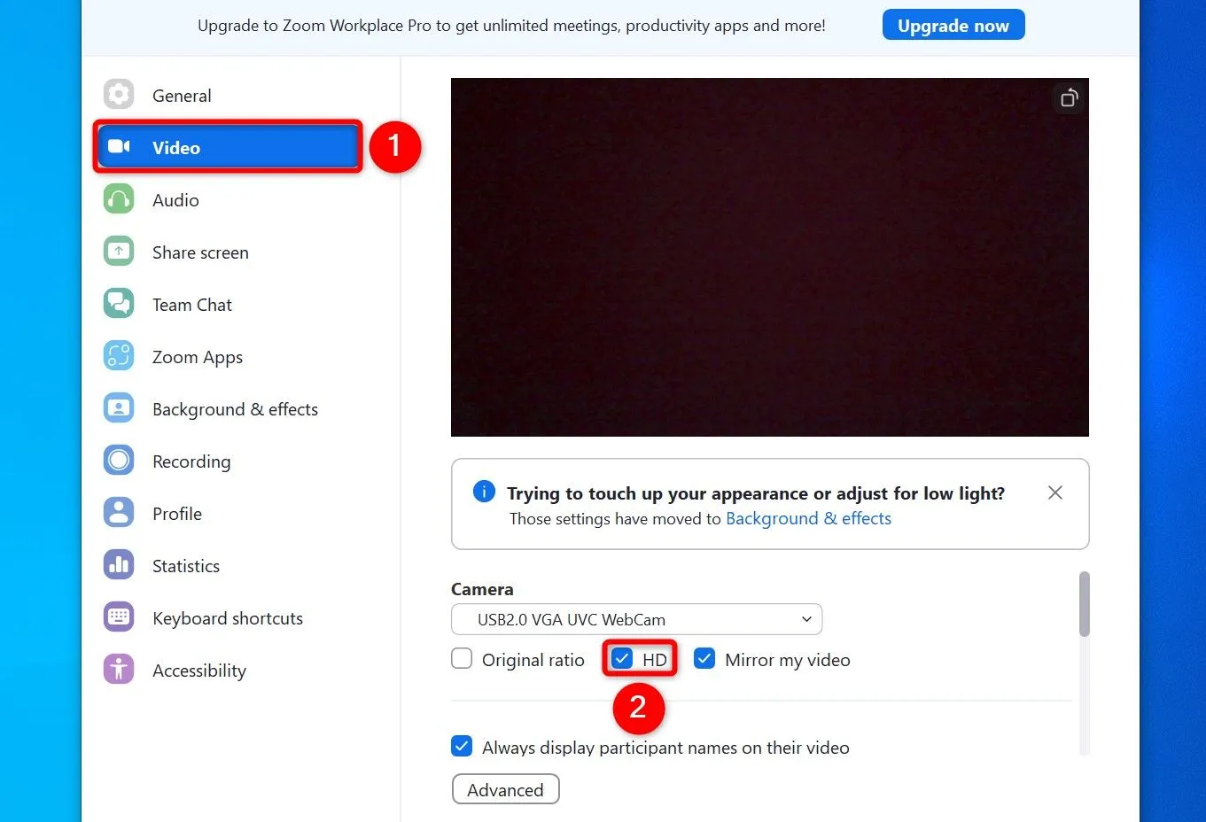Cài đặt video trong Zoom, với tùy chọn &quot;HD&quot; được bật để nâng cao chất lượng hình ảnh cuộc họp.