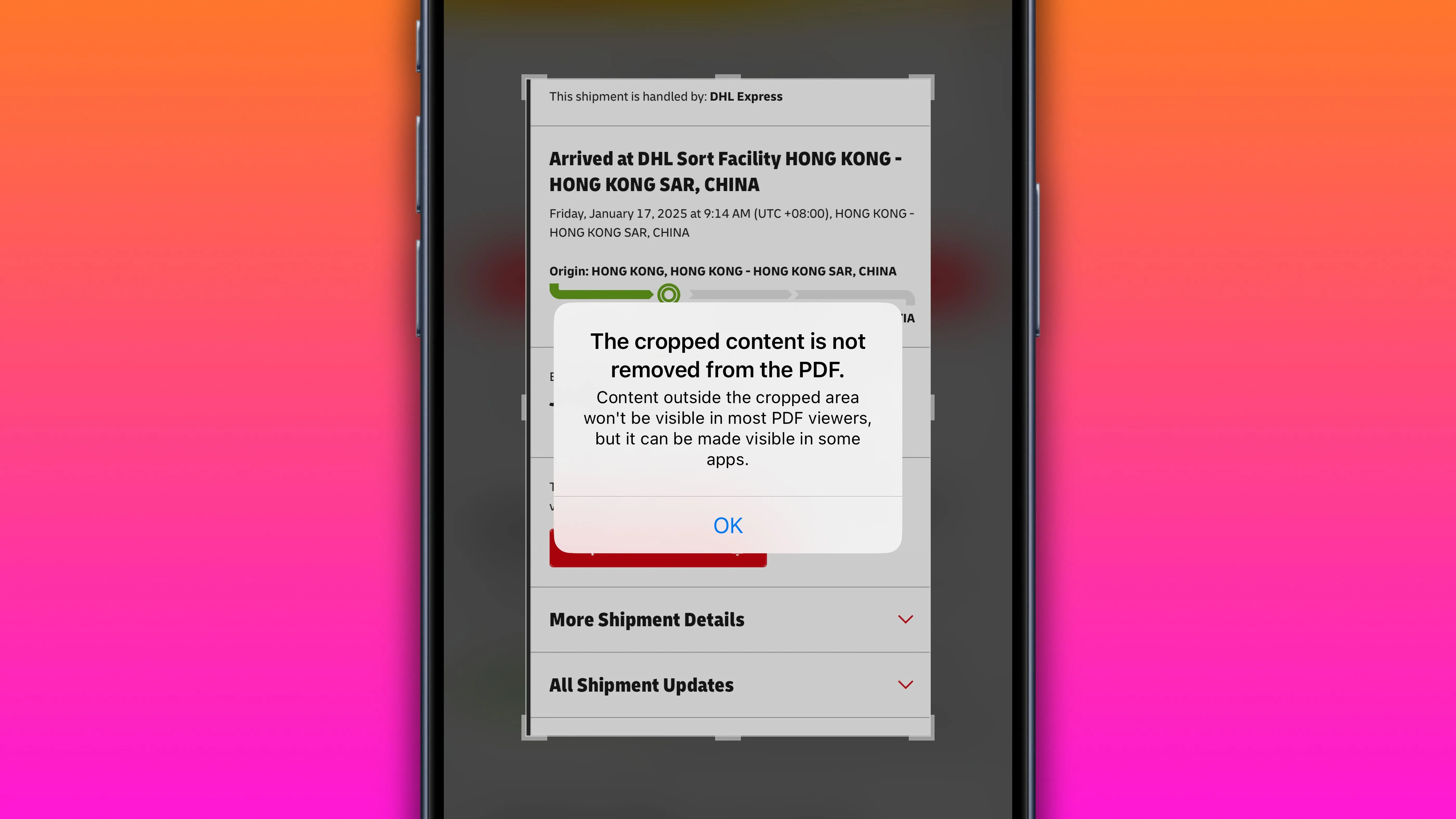 Cảnh báo bảo mật khi cắt ảnh chụp màn hình PDF trong công cụ Ảnh chụp màn hình trên iPhone